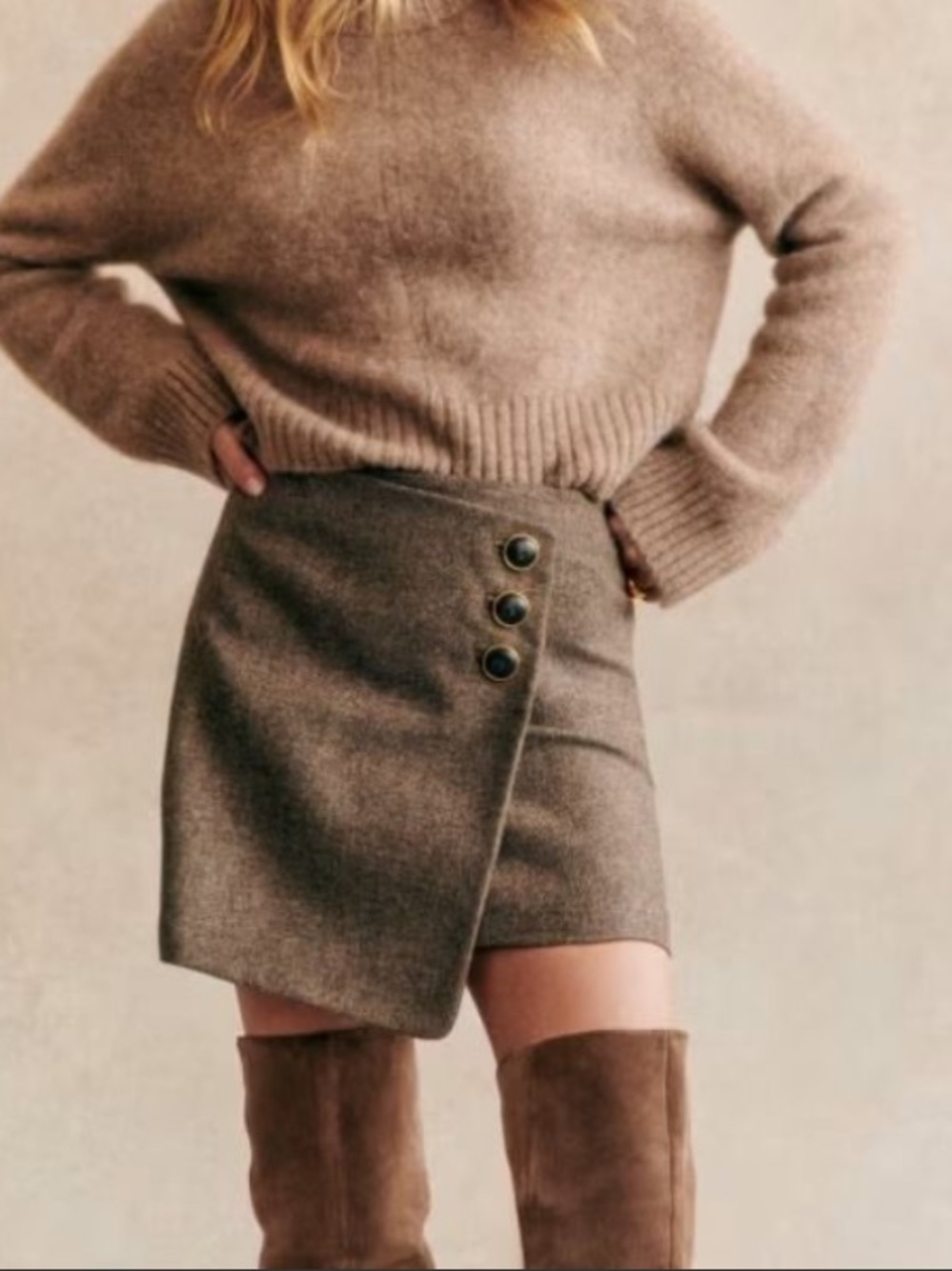 Sezane Wool Peter Mini Skirt Asymmetrical  Brown Button Detail Size 12 French